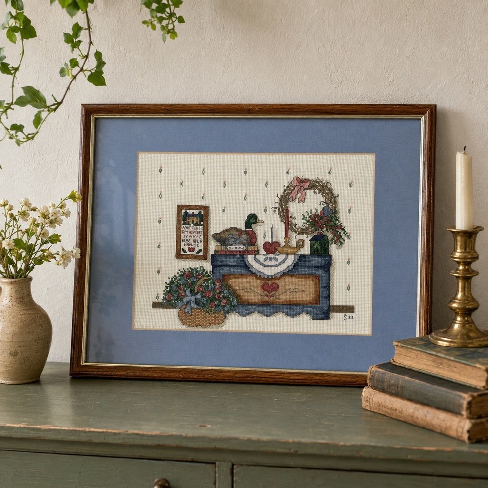 Blue Framed Cross Stitch Sampler Country Cottage Wall Art Decor 1988 17.5x13.5